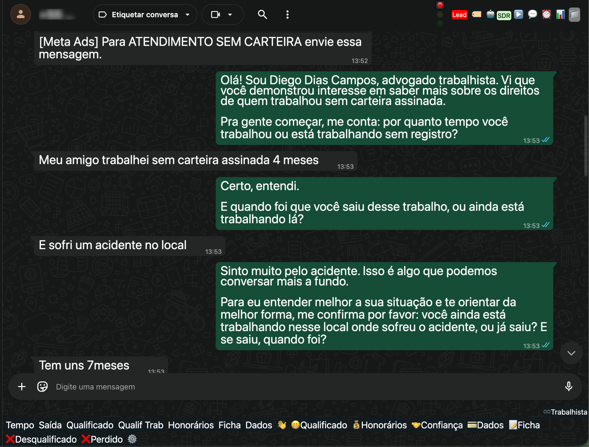Conversa de qualificação - robô atendendo lead
